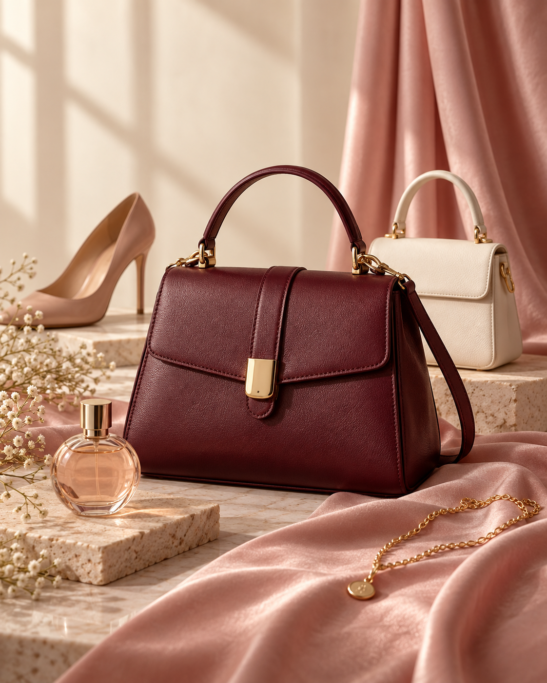 Composição ilustrativa com bolsas vinho e creme, perfume, colar e sapato sobre tecido rosado